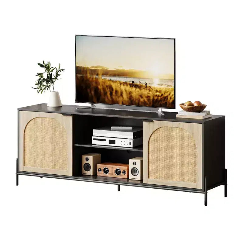 TV Stand with 3 Drawers - Rattan Media Console with Metal Legs, Black