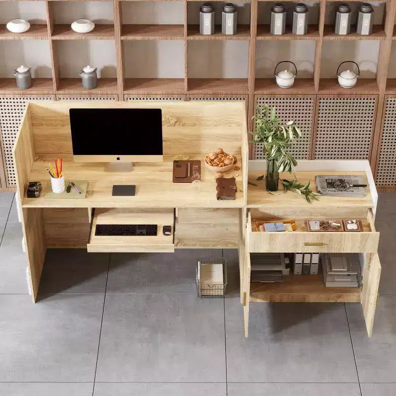 Hitow Modern Wood-Grain Cash Register & Reception Desk:Storage + Cable Management  Stylish Welcome Station