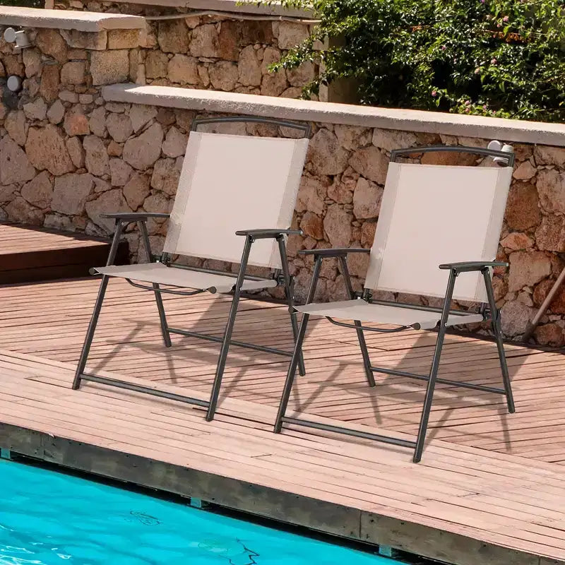 Costway 2 pcs Patio Folding Sling Dining Chairs Armrests Steel Frame Outdoor Beige/Grey