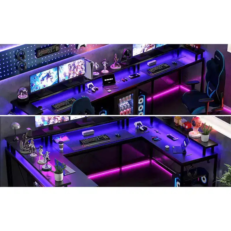 COZONY 78 U/L Shaped Gaming Desk, Reversible Computer Desk with Power Outlets, LED Lights, Monitor Stand & Storage Shelf, Corner Desk for Home Office