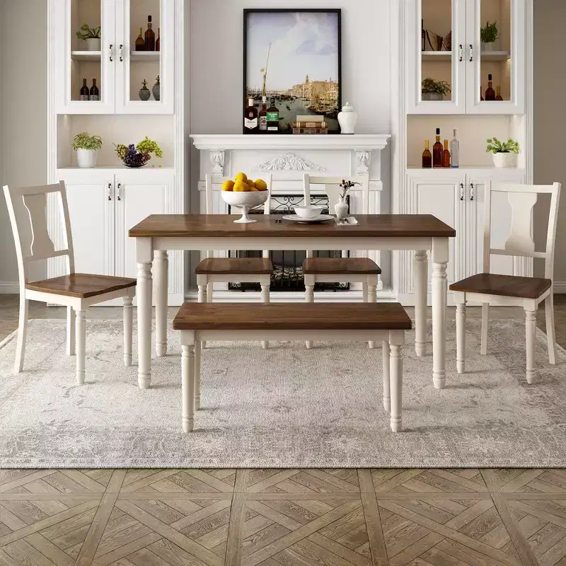 Whisen Classic 6-Piece Dining Set Wooden Table with 4 Chairs and Bench - Brown / Cottage White