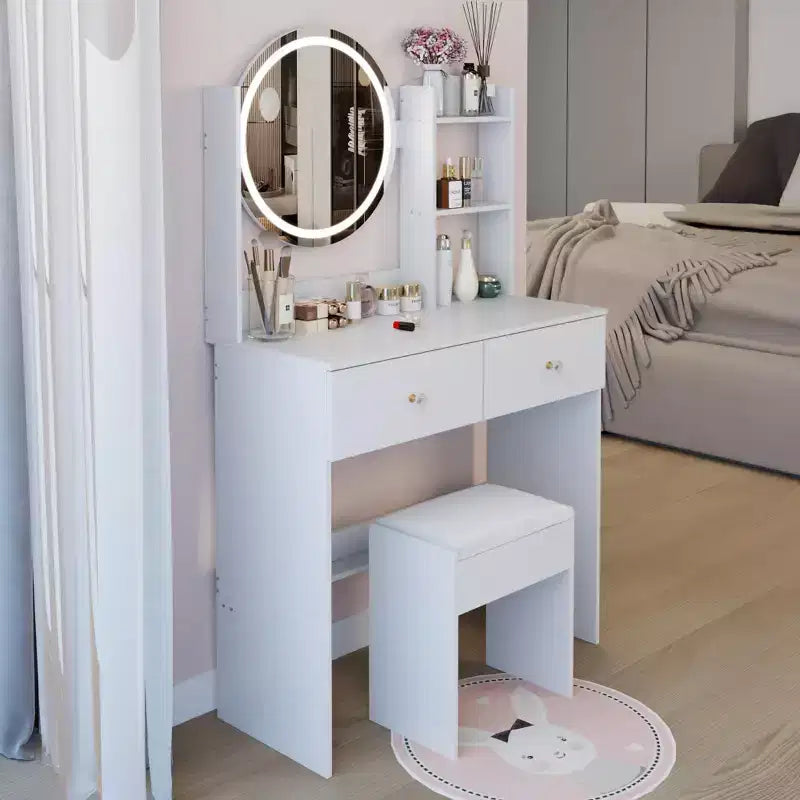 Okak Elegent Makeup Vanity with Round Mirror, Vanity Table with Soft Cushion Stool and Touch Switch, Dressing Table with Ample Storage, White