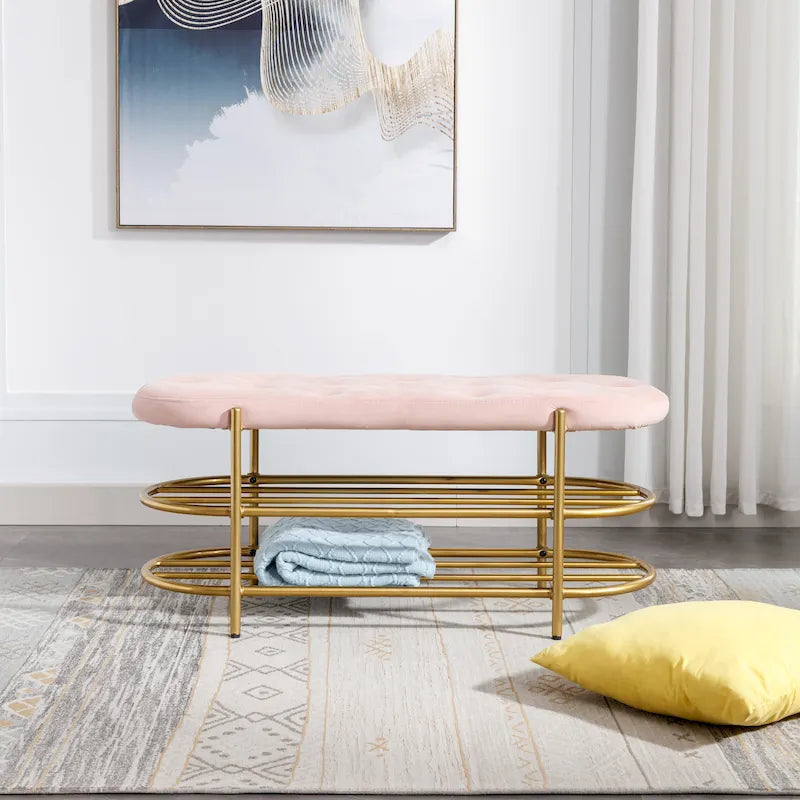 Velvet Upholstered Bench with Double Shoe Rack