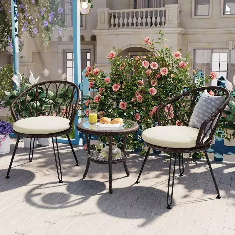 Whisen Outdoor Leisure Set, 2 Rattan Single Chairs with A Glass Round Table, Perfectly Suited for Patios, Balconies, and Courtyards