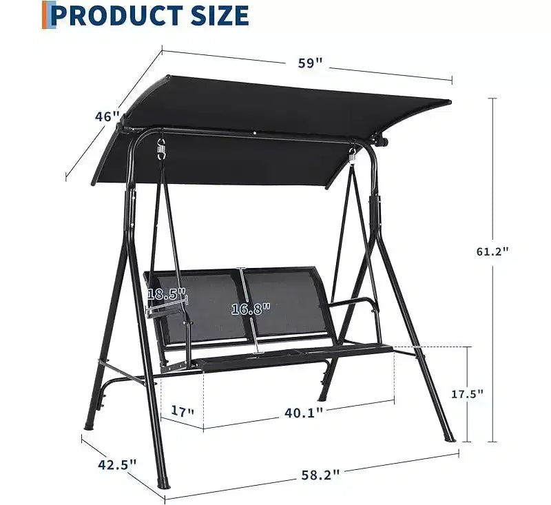 2-Seat Outdoor Porch Swing Chair with Adjustable Canopy, Glider Bench with Non-Slip Feet & Strong Spring Hooks/UV Resistant/Waterproof Capacity