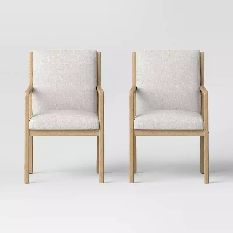 Wood Arm Dining Chair Cream & Natural, Upholstered, Rubberwood Frame – Set of 2