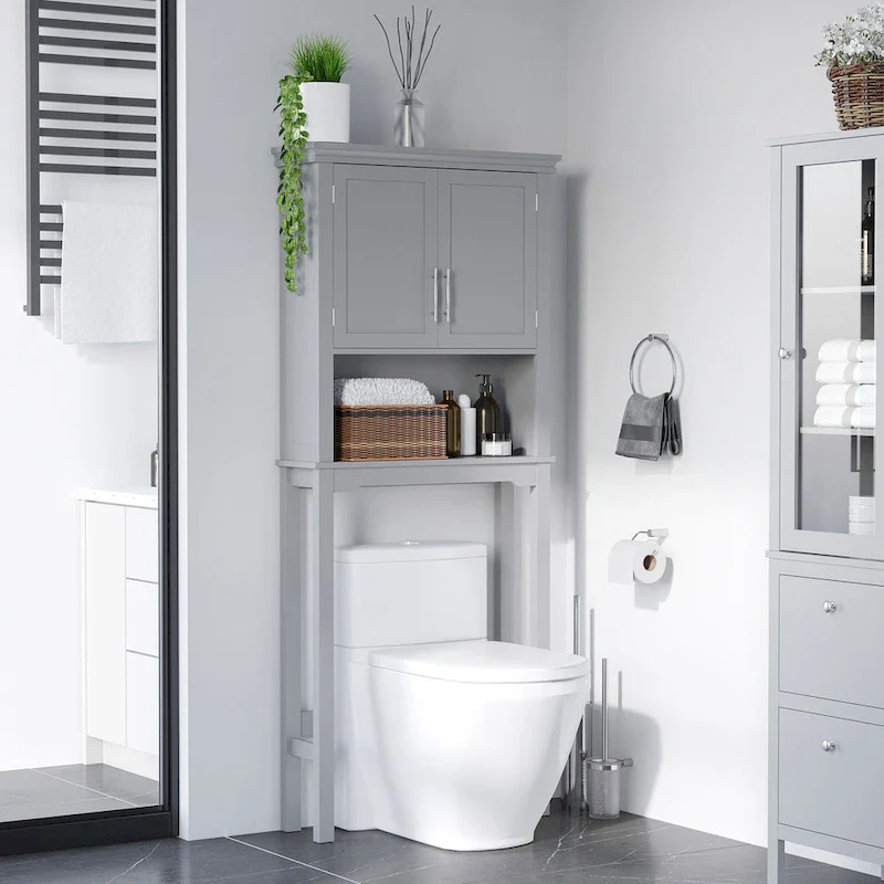 Over-the-Toilet Storage Cabinet with Double Shaker Doors – Grey, 28Wx8Dx65H