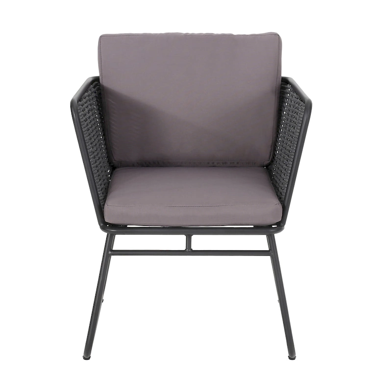 Outdoor Accent Chair Set of 2, Woven Rope, Black Metal and Gray Olefin