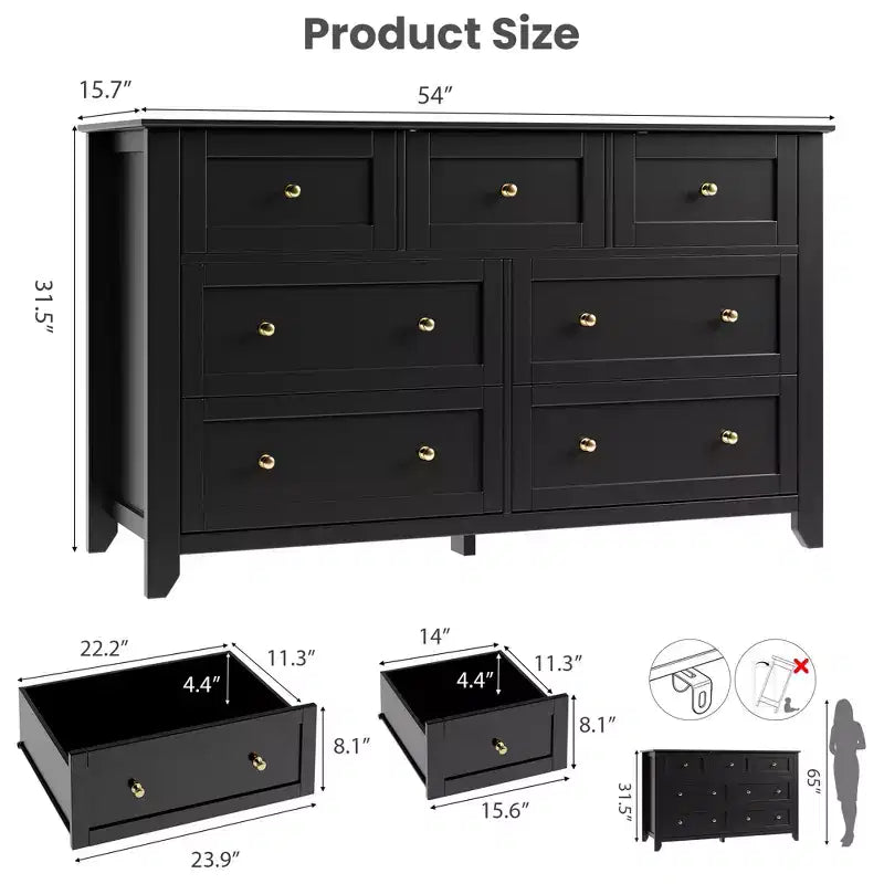 7 Drawer Dresser for Bedroom, 54W Wooden Chest of Drawers with Metal Knobs, Clothes Storage Organizer, Dresser TV Stand for Entryway, Bedroom