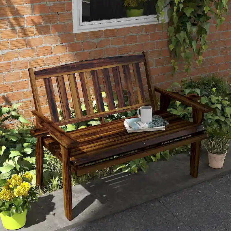 Outdoor Two-Seater Wood Bench with Cupholder Armrests, Slatted Seat & Backrest