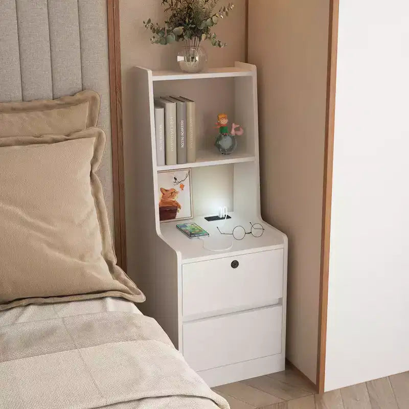 JVNOXK 15-inch Smart Nightstand with Charging Station, Voice-Activated Night Light, Built-in Bookshelf, Storage Compartment, White