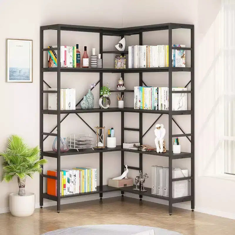 5 Tier Corner Bookcase, Industrial L-Shaped Wooden Bookcase, Large Storage Display Shelf with Metal Frame, Home Office, Living Room, Kitchen