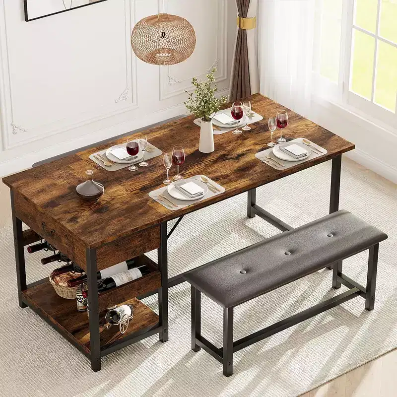 Dining Table Set for 4 with Storage Drawers & Wine Rack, Kitchen Table Set with Upholstered Benches for Dining Room, Kitchen