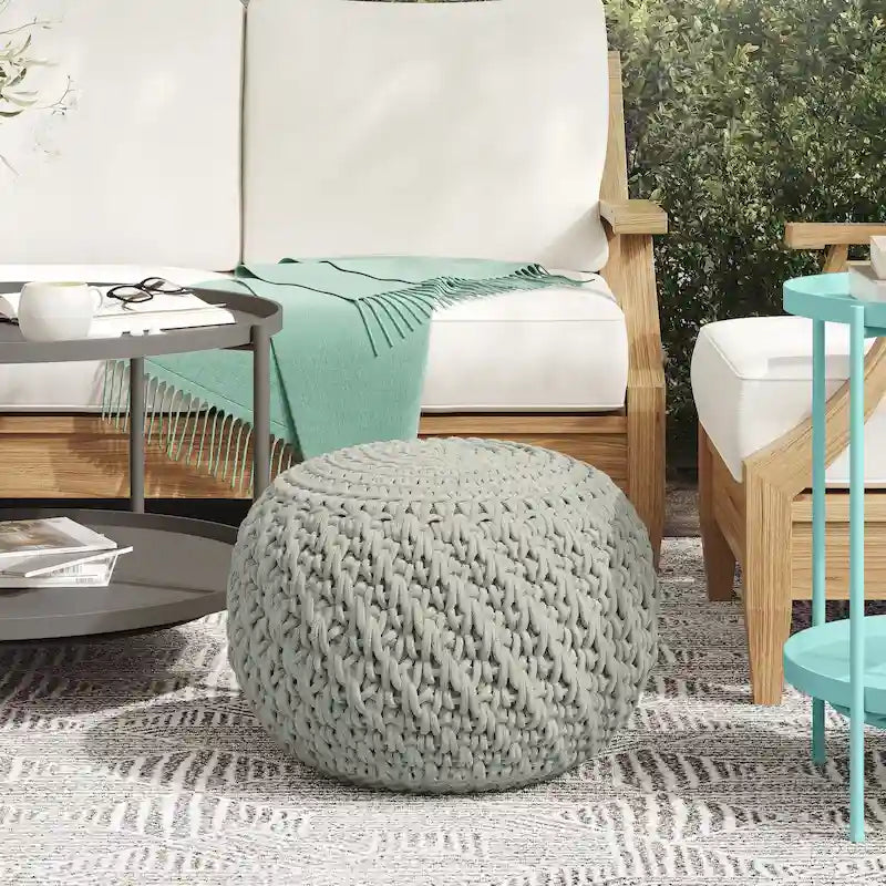 Round Knitted Outdoor/Indoor Pouf - Light Grey Recycled Polyester