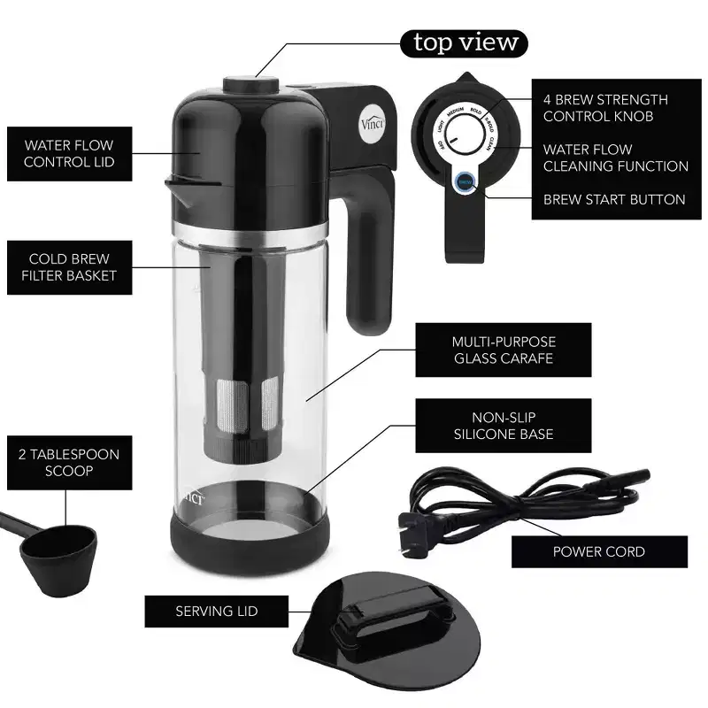 Vinci Express Cold Brew 37oz Coffee Maker - Black: Iced Coffee Machine, Dishwasher-Safe, Electric, No Filter Needed