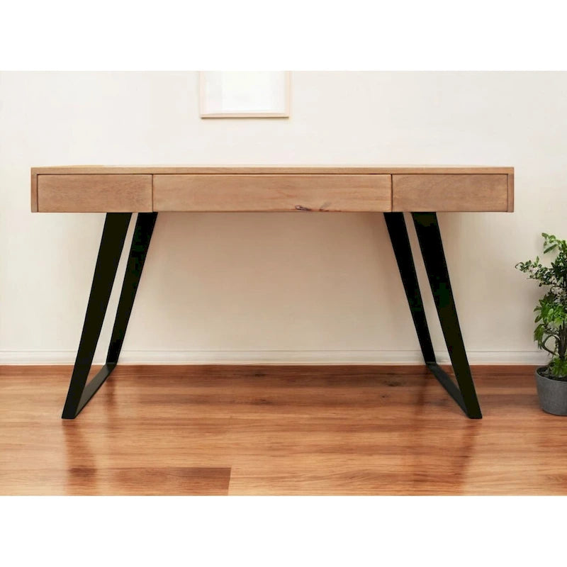 Natural Brown Mango Wood Writing Desk with Black Metal Legs Three Drawers