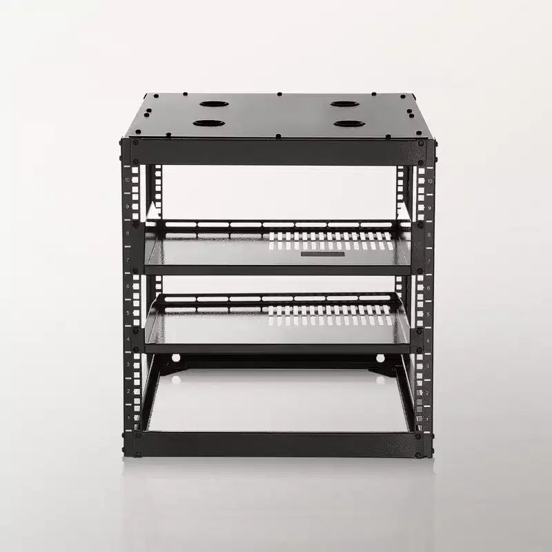10U Open Frame Network Rack, 23 in Depth, Wall Mounted or Floor Standing Server Rack, Heavy Duty 4 Post, with Vented Shelves, Black