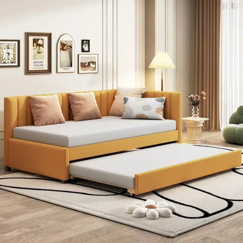 Twin Size Linen Upholstered Daybed with Roll-Out Trundle �� No Box Spring Needed