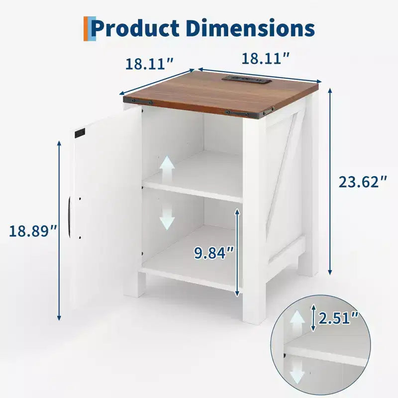 Modern Farmhouse Nightstand with Charging Station & Sliding Barn Door, 18 Rustic Two-Tier Bedside Table for Bedroom Storage