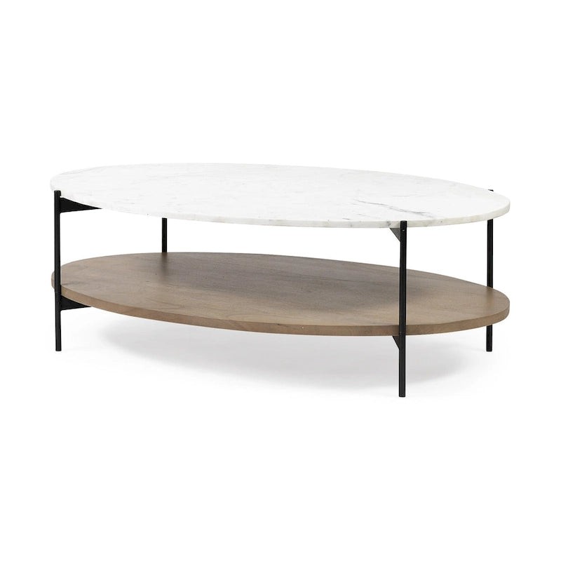 48 Brown & Black Genuine Marble and Metal Oval Coffee Table with Shelf