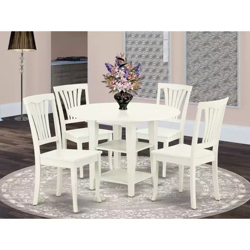 HomeStock 5-Piece Round Linen White Finish Solid Wood Top Dining Table with 4 Chairs with Drop Leaf Slat Back