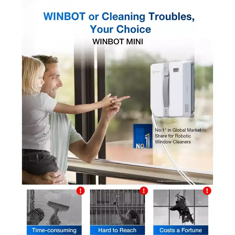 ECOVACS WINBOT Mini Window Cleaning Robot - Compact Design, Dual Nozzles with Ultrasonic Spray, 9-Stage Protection System, 3 Cleaning Modes