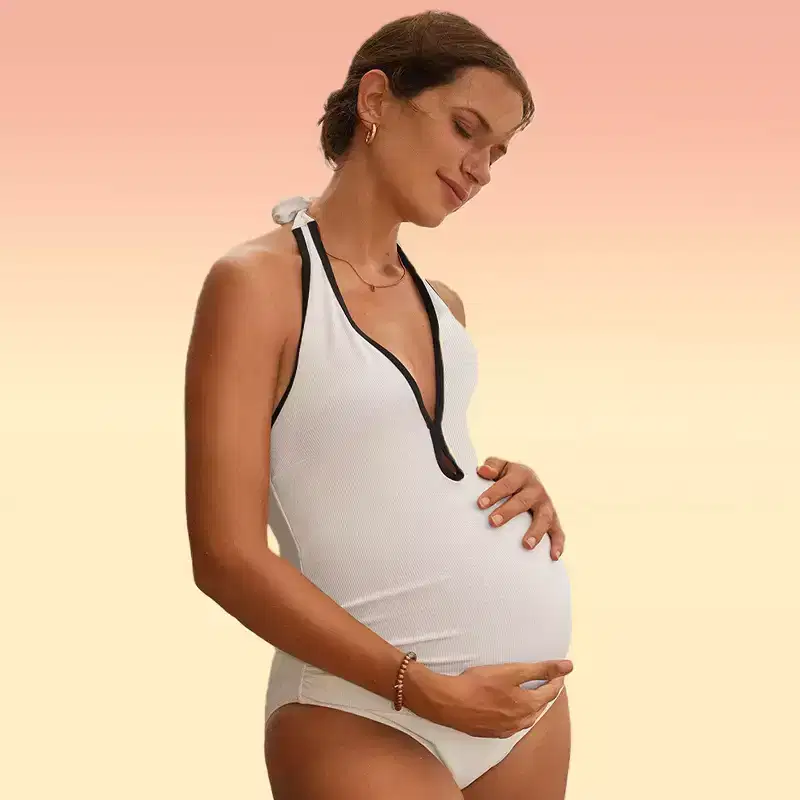 Clearlove Womens Maternity Swimsuits Halter Color Block One Piece Swimsuits Plunging Neck Bathing Suits Rib Swimwear with Waist Tie