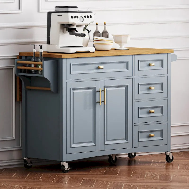 52 Kitchen Island with Drop Leaf, Embossed Texture Kitchen Island on Wheels with Spice Rack, Towel Rack, 2 Doors & 5 Drawers