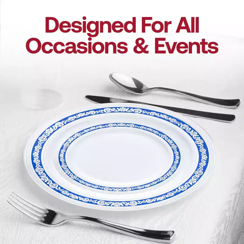 Smarty Had A Party White w/ Blue and Silver Royal Rim Plastic Dinnerware Set - 40 Sets