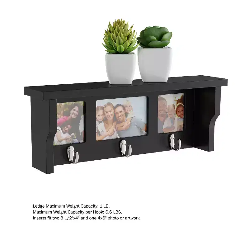 Wall Shelf and Picture Collage with Ledge and 3 Hanging Hooks- Photo Frame Decor Shelving with Modern Look, Holds 3 Photos By Hastings Home (Black)