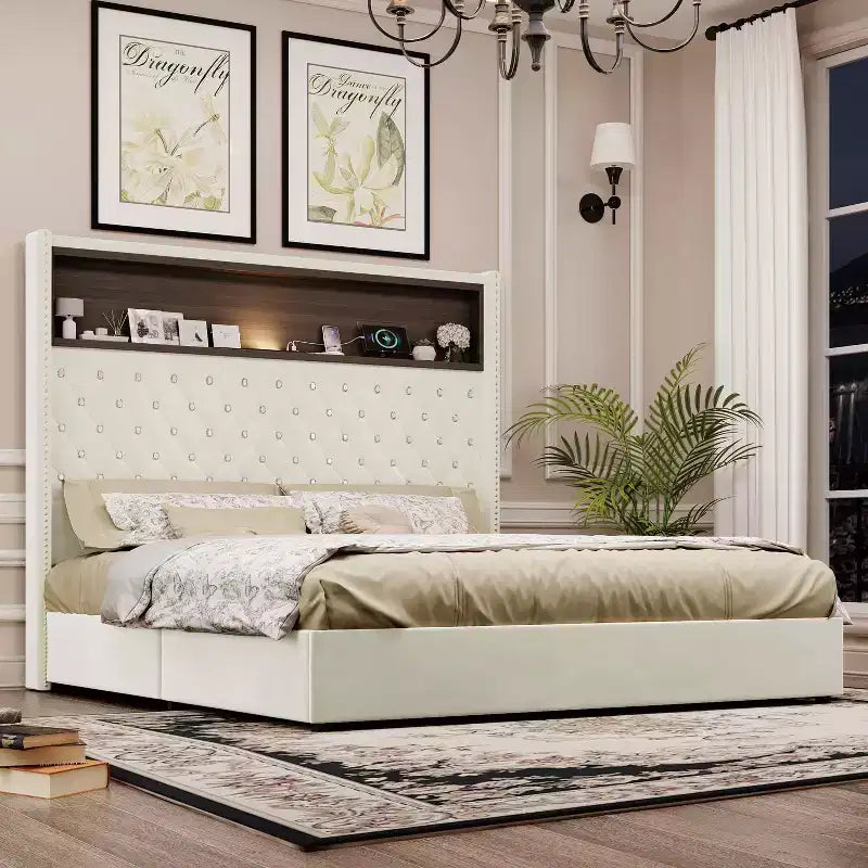 MAYEERTY Queen Size Velvet Tufted Bed with Port Night Light 52 HIgh Headboard with Rivet Decor Headboard Shelf for Bedroom Beige