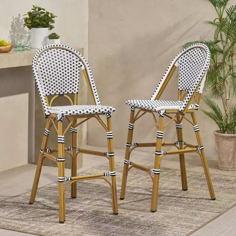 sumyeg 29.5 Outdoor French Bistro Bar Stools Set of 2, PE Rattan Wicker with Aluminum Frame, Bamboo Look Finish, White & Black
