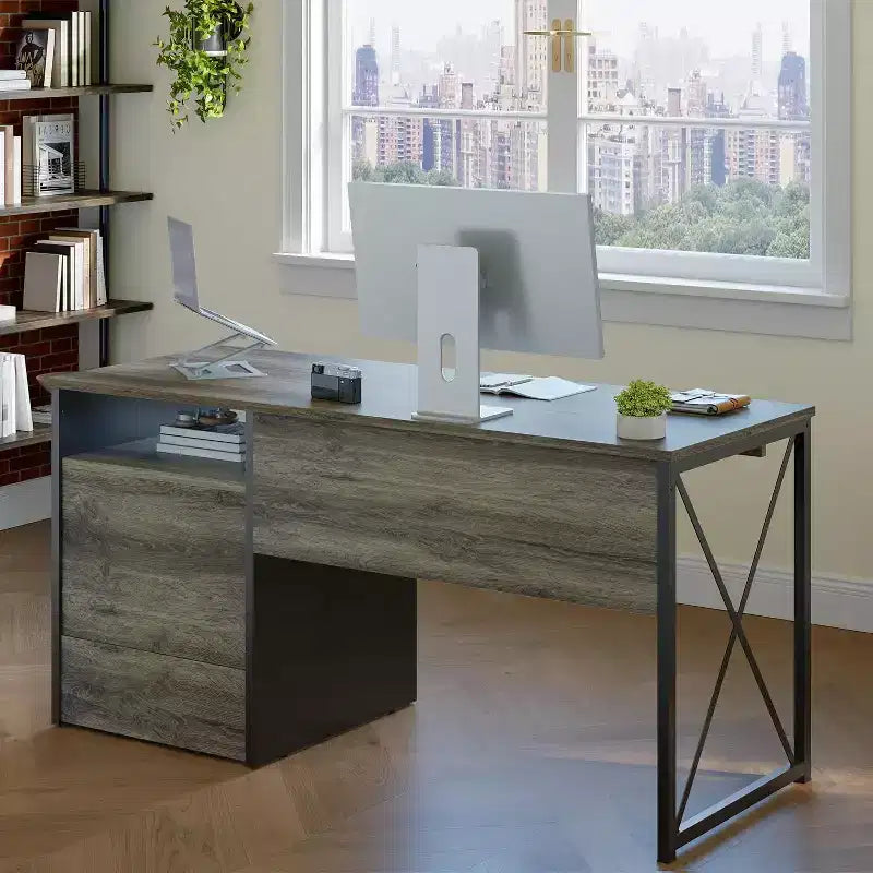 55'' Industrial Computer Desk with Keyboard Tray, File Drawers, and Storage Shelves