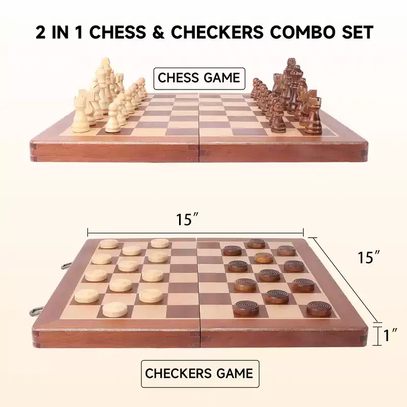 GSE 15 Wooden Folding 2-in-1 Chess and Checkers Board Game Combo Set with Chess Storage Slots Drawer