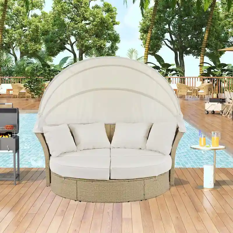 Outdoor Wicker Rattan Double Daybed with Retractable Canopy