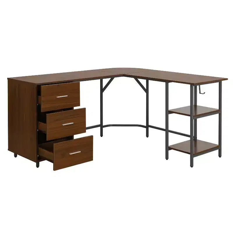 TUYOHW L-Shaped Office Desk,Two Tone Computer Desk with Storage,Walnut Wood Grain Top,Steel Frame,3 Drawers,Adjustable Shelf,Writing Desk for Office